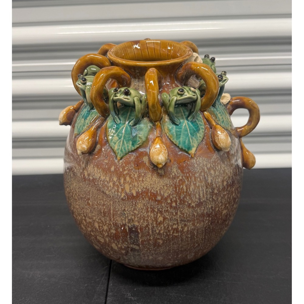 Vintage Majolica Style Frog Ceramic Vase Brown Glazed Pottery Whimsical Decor